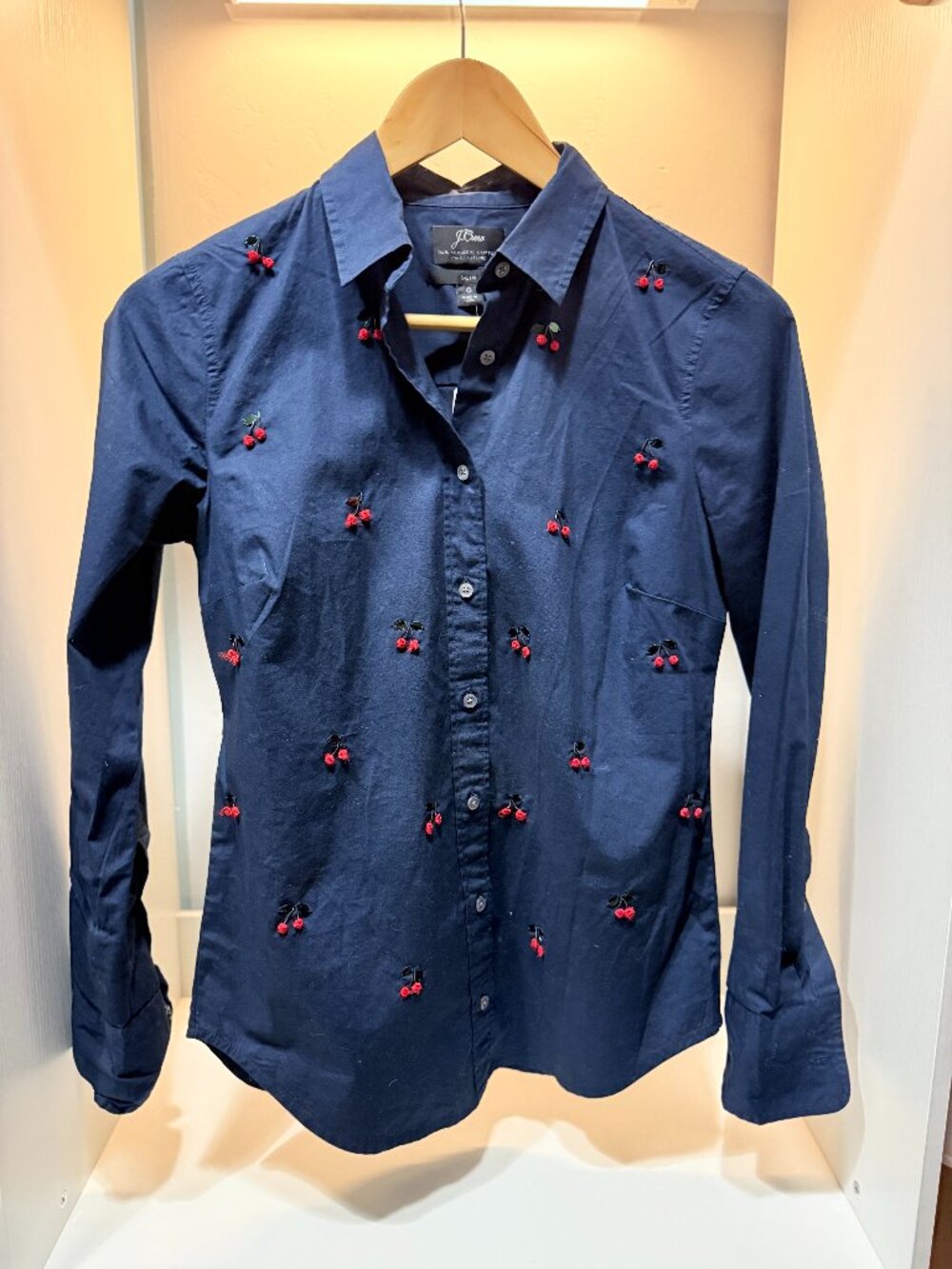 NWT: 🍒  J.Crew Navy Blue Cherry Embellished Slim Fit Button Down – Size 0